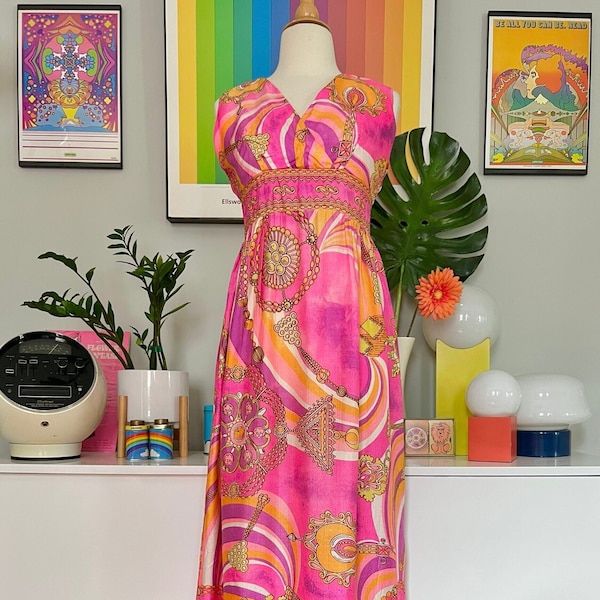 Vintage 1960s psychedelic swirl maxi dress // XS // mod 60s novelty jewelry print hostess gown bright pink purple orange yellow