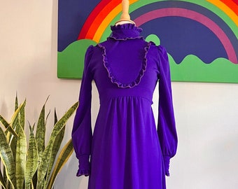 Vintage 1970s purple bishop sleeve Victorian dress // XXS-XS // 60s 70s ruffled high neck empire waist maxi dress Jrs