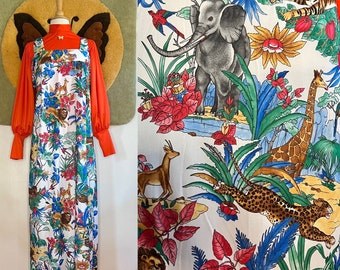 1970s psychedelic animal kingdom print maxi dress // L // vintage 60s 70s square neck pinafore dress novelty print elephant monkey parrot
