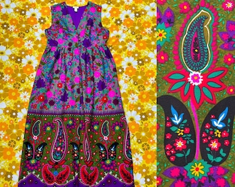 1960s psychedelic paisley barkcloth maxi dress // M-L // vintage 60s 70s neon cotton sleeveless button dress front THC Hawaiian Imports