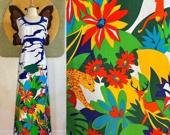 1970s Tori Richard psychedelic animal print maxi dress // Large // vintage 70s all over novelty print dress scoop neck
