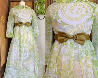 1960s Lorrie Deb psychedelic print party dress  // M-L // vintage 60s chiffon formal gown ruffled trim swirling print prom dress