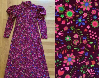 Mod 1960s day glo flower power maxi dress // XXS-XS // vintage 60s 70s high neck Leg of Mutton sleeves puff shoulder neon psychedelic print