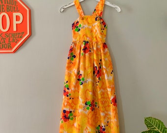 Vintage 1970s KIDS bright floral pinafore dress // 4/5 years ?? // retro 60s 70s yellow orange textured cotton sun dress jumper dress