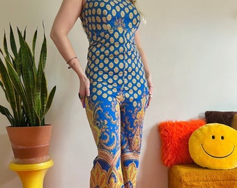 Vintage 1960s psychedelic paisley jumpsuit // XS-S // mod 60s Juniors flared pantsuit blue yellow orange trippy groovy