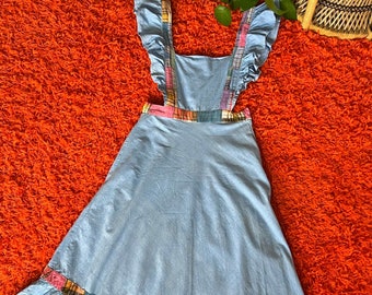 1970s plaid trim cotton pinafore dress // 26" XS-S // vintage 60s 70s ruffled square neckline A line chambray midi dress side zip