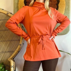 Deadstock 1970s burnt orange turtleneck blouse // Medium // mod 60s 70s long sleeve belted tunic NOS NWOT