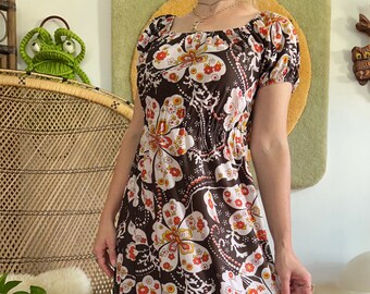 1960s Fritzi of California puff sleeve nylon dress // S - M // vintage 60s 70s flower power lounge dress off shoulder empire waist
