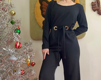 1970s grommet cut out disco jumpsuit // M - L // vintage 70s black long sleeve pantsuit bell bottom flares scoop neck sexy Holiday NYE