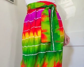 1970s psychedelic day glo maxi skirt // S - M // vintage 70s barkcloth tie dye rainbow striped full length skirt Alice Fashions