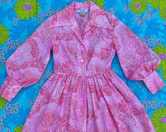 1960s pink floral dagger collar dress // Med // vintage 60s 70s Sears button front shirtwaist dress NWOT