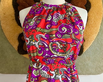 1970s psychedelic clouds dragon print maxi dress // Med // vintage 60s 70s sleeveless racerback all over novelty print dress red purple