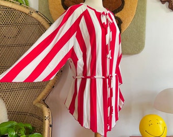 Deadstock 1970s bell sleeve terry cloth tunic top // 2X // NWT vintage 70s red + white stripe belted beach cover up blouse NOS