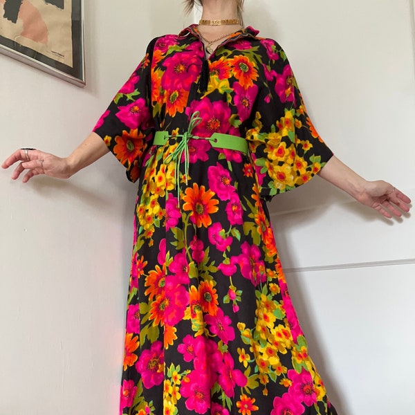 1960s bright floral caftan dress // Free Size // vintage 60s 70s band collar zip front bell sleeve muumuu dark + neon floral maxi OSFM