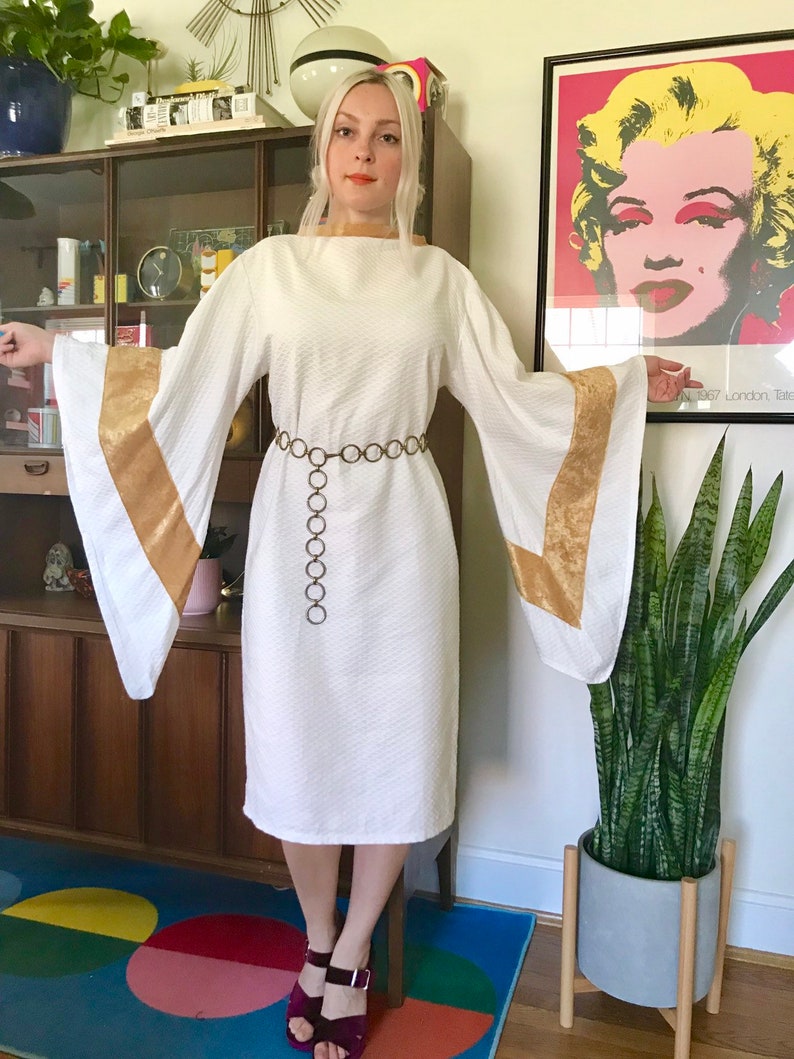 Homemade angel sleeve white dress with gold trim ML retro 70s style mini dress with massive exaggerated sleeves costume prop dress