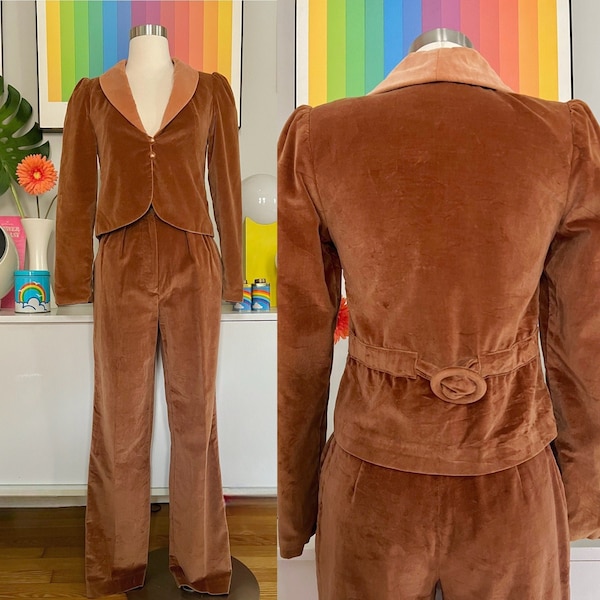 Vintage 1970s Strawberry Plant cotton velvet pantsuit // 24-25" waist XS // luxe 70s does 40s 2 piece matching set blazer high rise pants