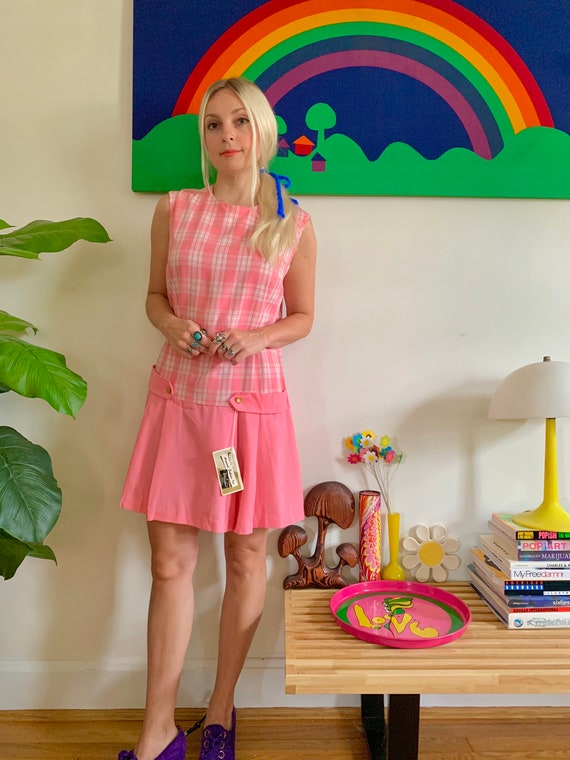 Deadstock 1960s pink gingham romper Medium // mod