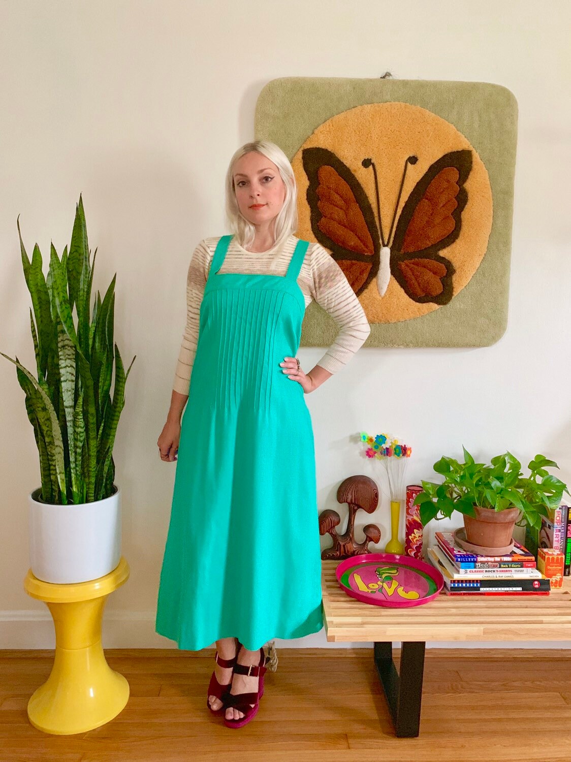 SpacedOutMama Vintage 1960s Turquoise Pinafore Dress S-M // Mod 60s 70s Pleated Jumper Dress John Meyer of Norwich Preppy Fall Autumn Mid Length Dress