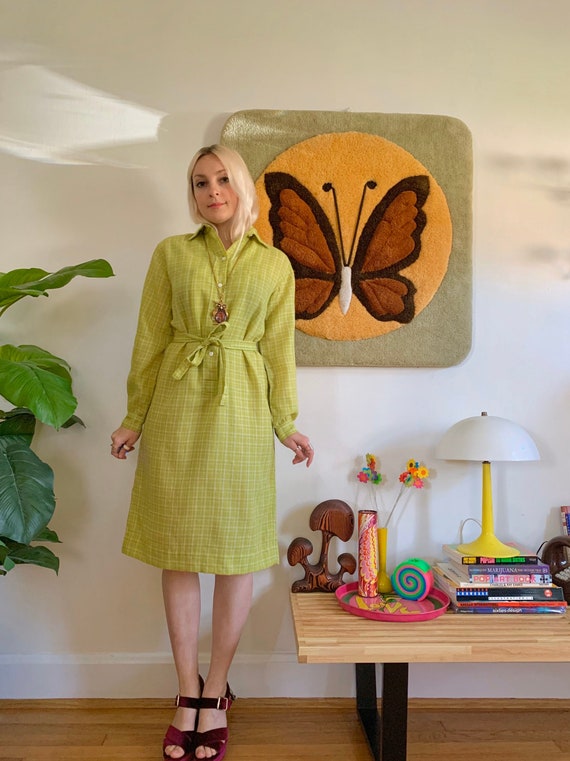 1960s Irish plaid wool shirt dress w/ matching bel