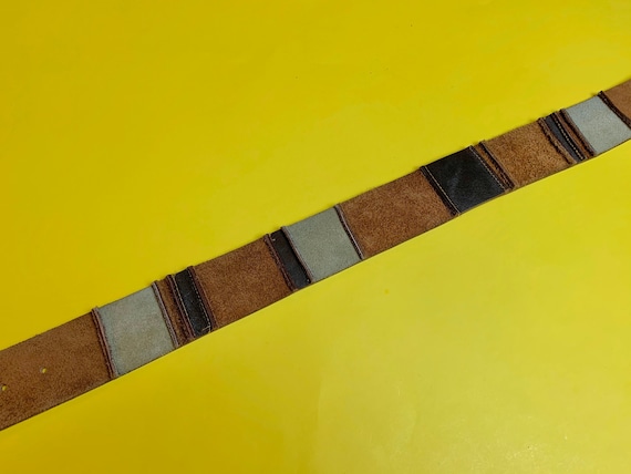 Vintage 1970s patchwork suede belt brass buckle s… - image 2