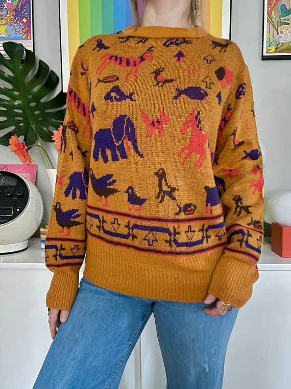 Vintage 1970s novelty animal print sweater // Med… - image 1