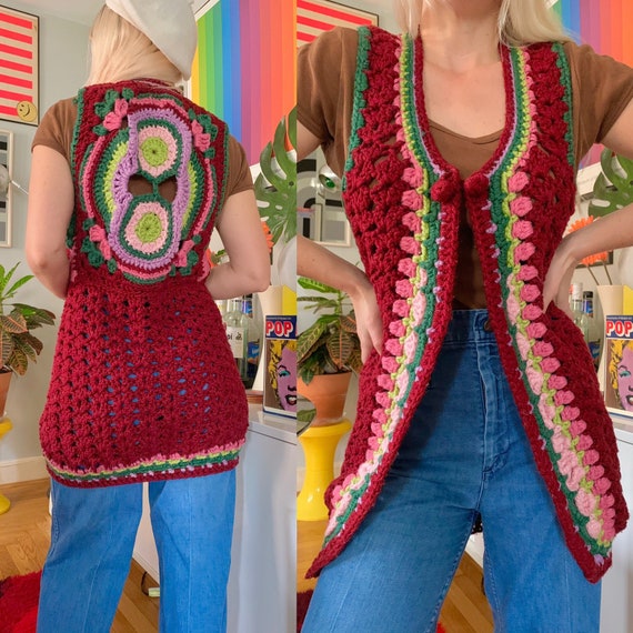 Rare 1970s colorful crochet granny square vest S -