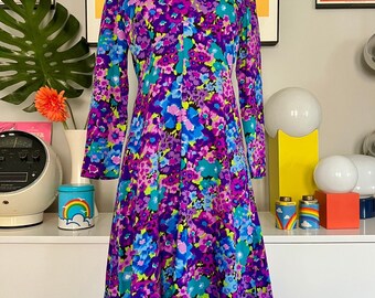 1960s bright floral empire waist dress // vintage 60s 70s mod neon flower power Spring dress purple green blue barkcloth acrylic