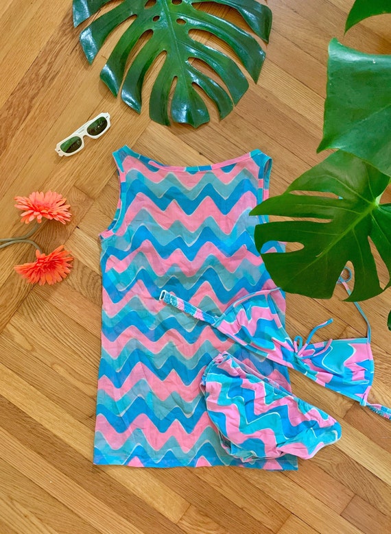 Mod 1960s psychedelic 3 piece swimsuit set XS // b