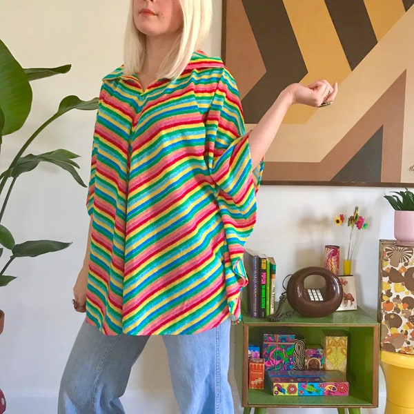 Vintage 70s rainbow striped terry cloth poncho OSFM retro 1970s rainbow stripe butterfly sleeve shirt festival zip front collared cape