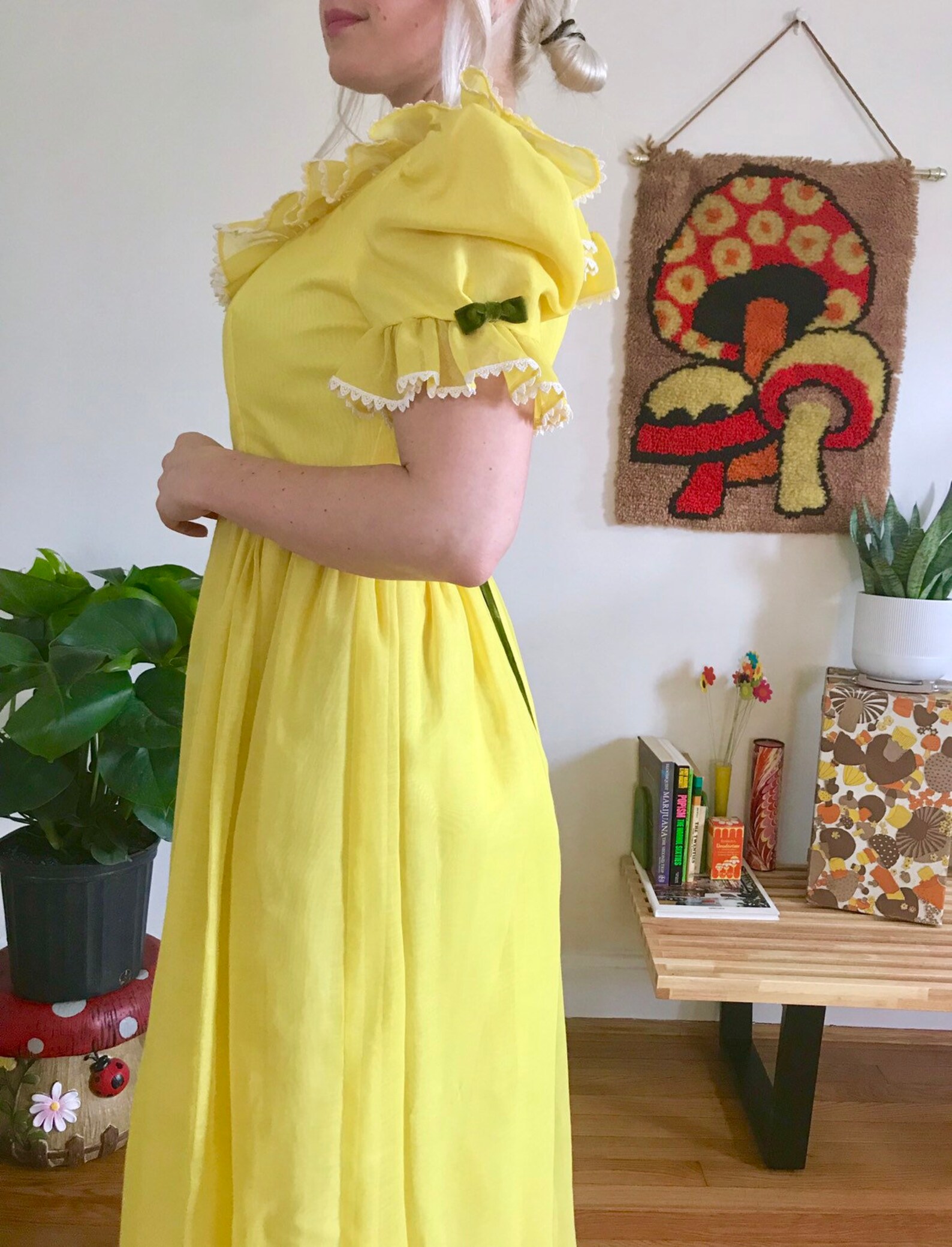 Vintage 1960s yellow puff sleeve ruffle collar maxi dress S | Etsy