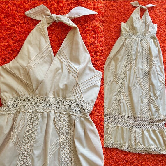Vintage 1960s Pintucked Crochet Halter Dress Med Retro 60s