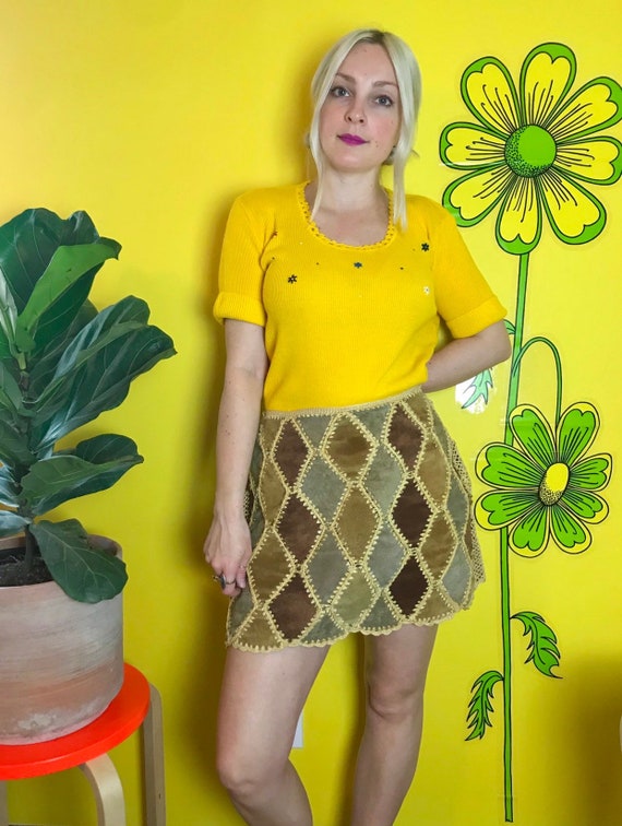Vintage 1970s suede patchwork mini skirt Medium RA