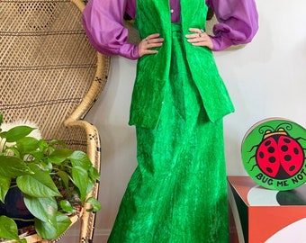 1960s lime green tapestry skirt set OOAK // 28" waist // Mod 60s 2 piece matching set long waistcoat vest high slit maxi skirt 2pc outfit