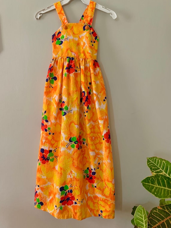 Vintage 1970s KIDS bright floral pinafore dress /… - image 2