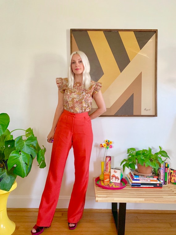 Vintage 1990s red silk pants M-L // 90s 00s raw si