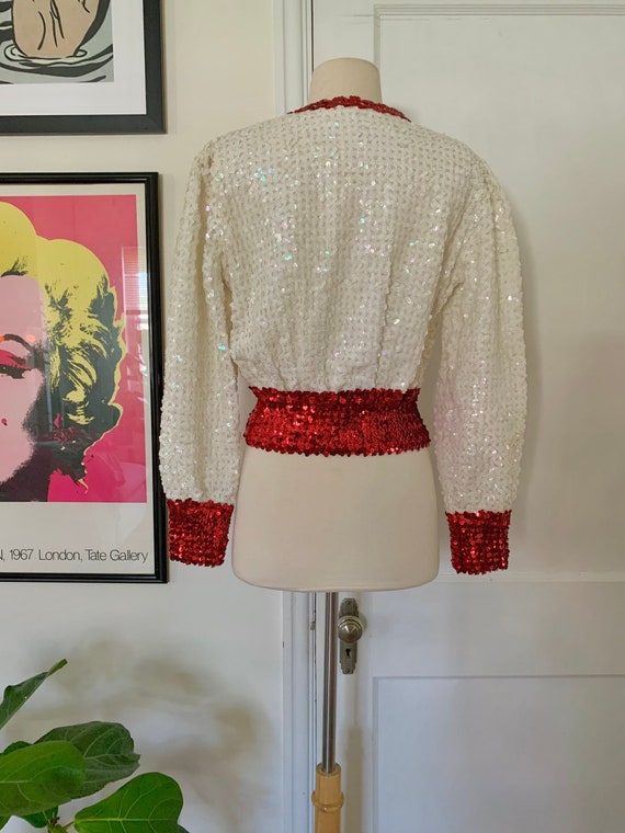 Vintage 1960s white + red sequin costume top // M… - image 5