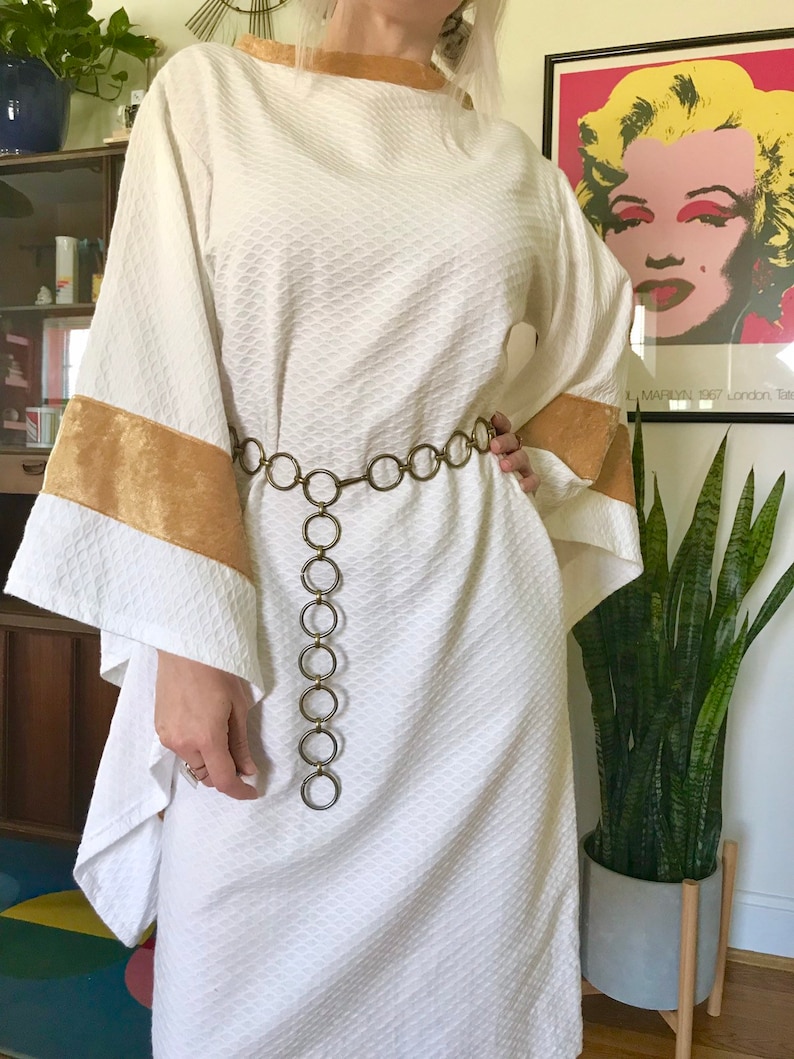 Homemade angel sleeve white dress with gold trim ML retro 70s style mini dress with massive exaggerated sleeves costume prop dress