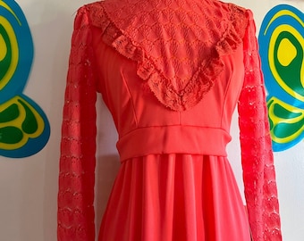 Deadstock vintage 1970s red lace maxi dress // Med // mod 60s 70s see through ruffled lace dress peplum belted waist NOS NWT