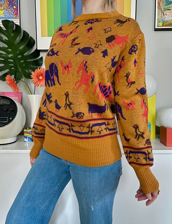 Vintage 1970s novelty animal print sweater // Med… - image 2