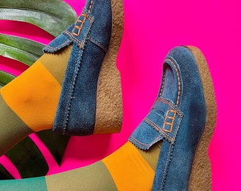 Deadstock 1970s blue suede wedges // 6.5 NARROW // mod 60s 70s gum sole wedges Penny Loafers orange stitching NOS NIB