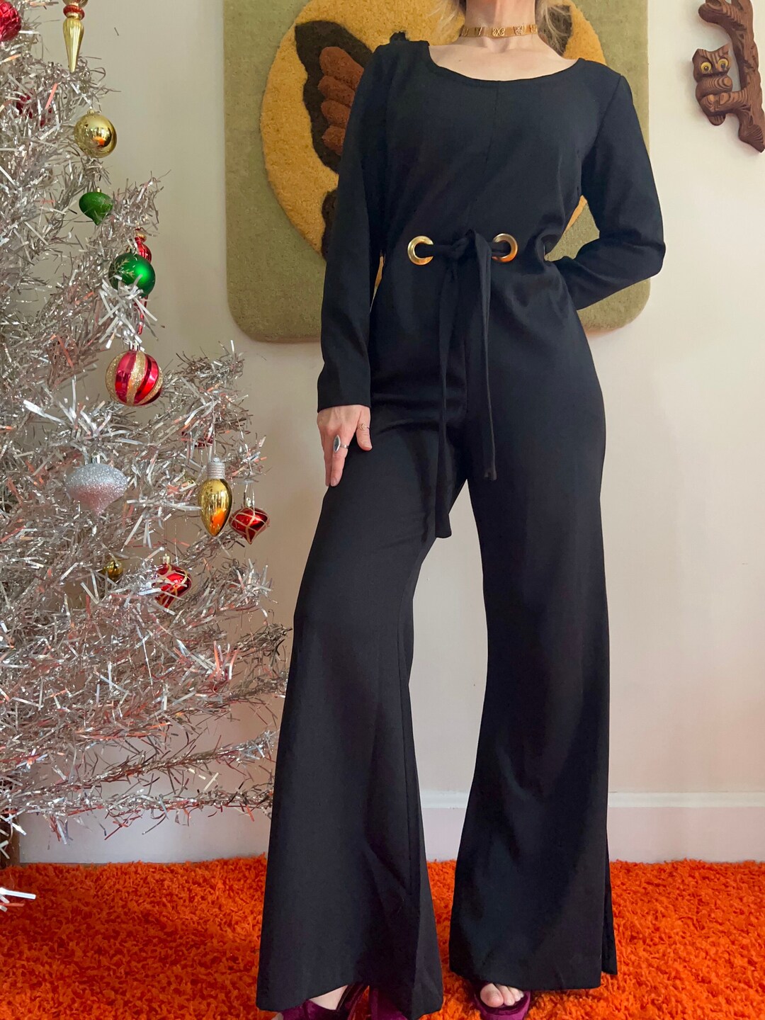1970s Grommet Cut Out Disco Jumpsuit // M L // Vintage 70s Black Long