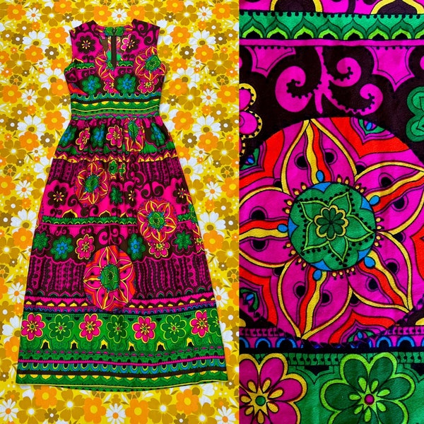 1960s psychedelisches neon Maxi Kleid // S-M // vintage 60er 70er ärmelloses Empire-Taille Kleid mit V-Ausschnitt und Blumendruck