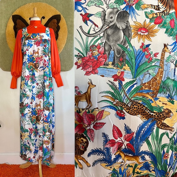 1970s psychedelic animal kingdom print maxi dress… - image 1