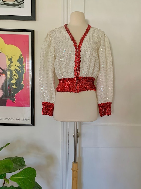 Vintage 1960s white + red sequin costume top // M… - image 2
