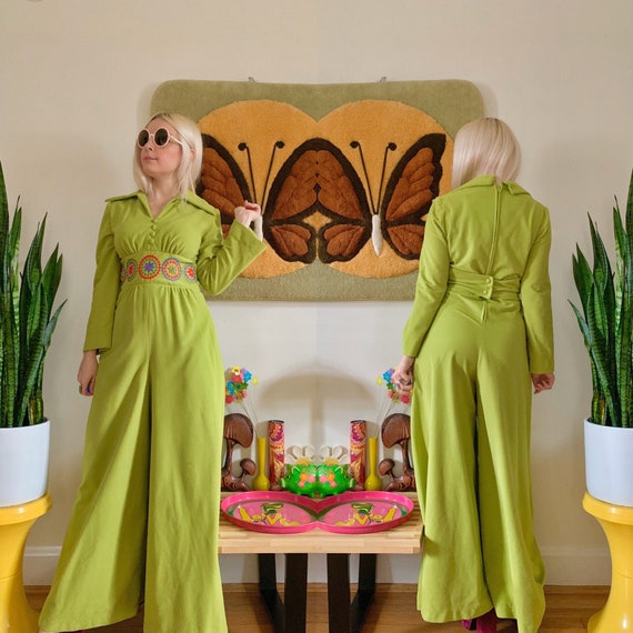 1960s avocado green embroidered jumpsuit Small //