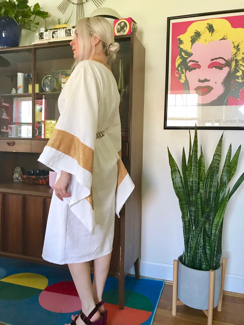 Homemade angel sleeve white dress with gold trim ML retro 70s style mini dress with massive exaggerated sleeves costume prop dress