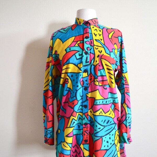 Funky 80s Abstract Print Button Up Shirt, Keith Haring Style