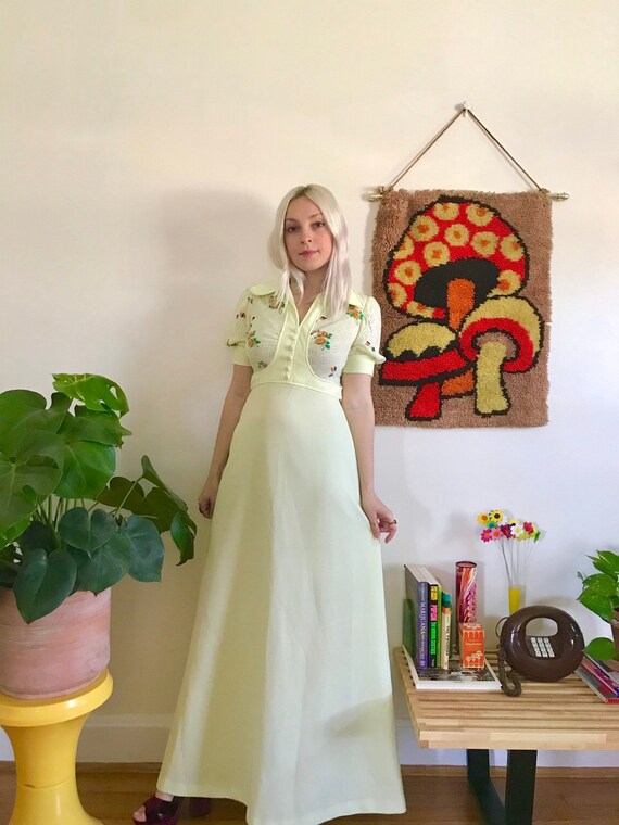 Vintage 1970s Pale Yellow Collared Maxi Dress Xs S Retro Etsy