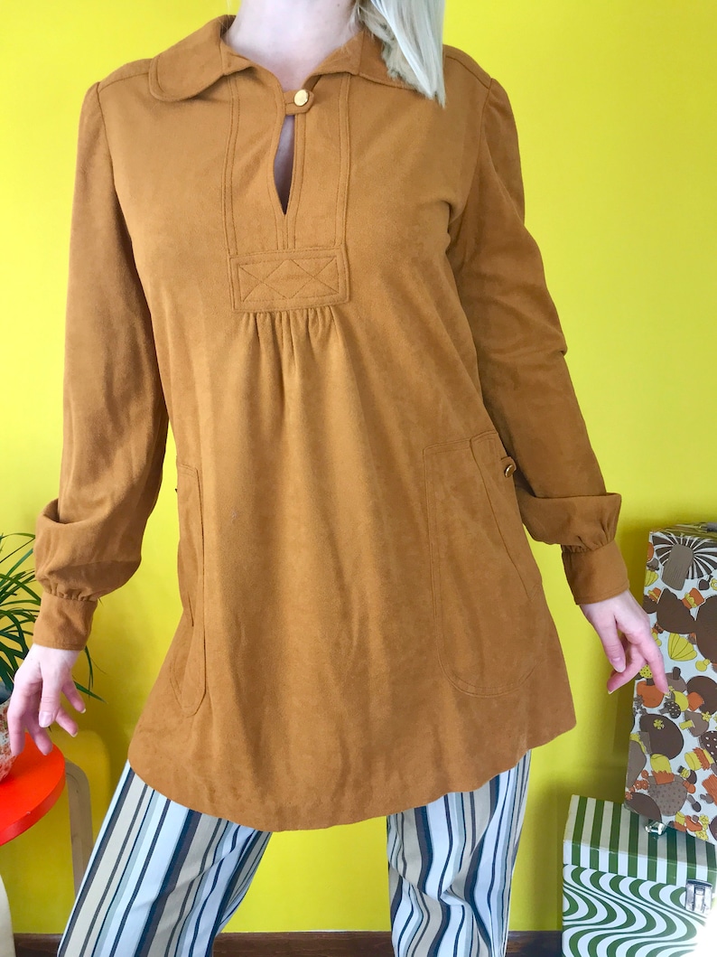 Vintage 60s 70s faux suede keyhole tunic ML mod 1970s collared babydoll blouse honey brown neutral billow sleeve 1960s homemade shirt
