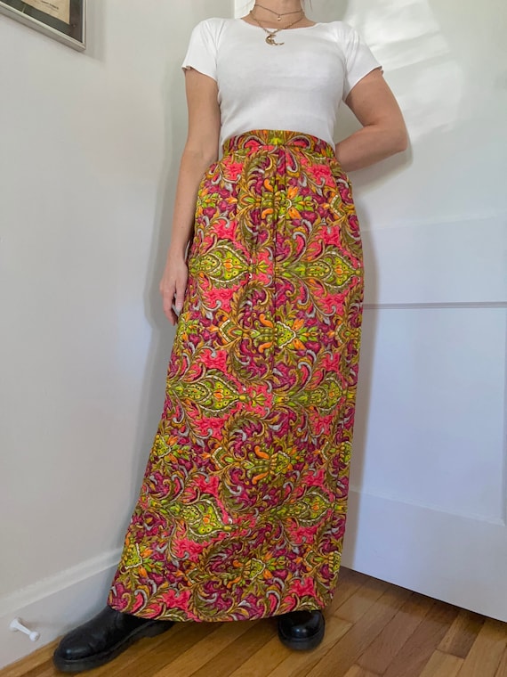 1960s psychedelic quilted maxi skirt // 28" waist… - image 1